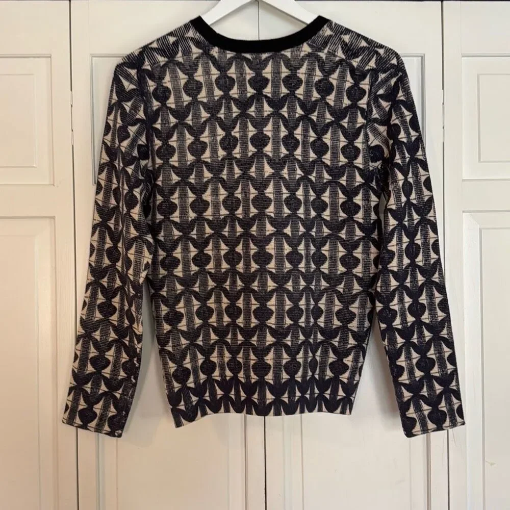 Tory Burch Tia blue printed merino wool crewneck sweater